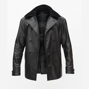 May include: A black leather jacket with a double-breasted design. The jacket has a wide, soft collar and multiple buttons. The sleeves have buttoned cuffs. The jacket is open, showing the interior lining.