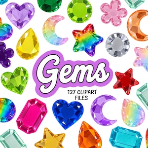 May include: A collection of colorful, faceted plastic gems in various shapes including hearts, stars, moons, flowers, and teardrops. The text "Gems" is written in a large, bold white font with a purple outline, followed by "127 CLIPART FILES".