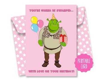 Carte d'anniversaire de Shrek - Carte de Shrek - Cadeaux de Shrek - Autocollants de Shrek - Carte imprimable de Shrek - Fête de Shrek