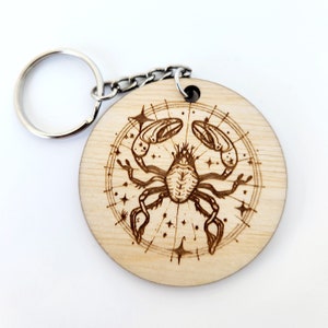 Keychain Charm Zodiac Cancer Wood Engraved