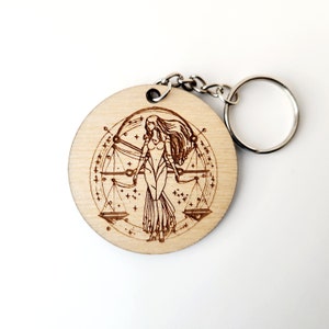 Keychain Charm Zodiac Libra Wood Engraved