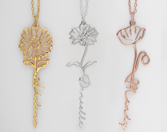 Personalized Name Necklace with Birth Flower, 925 sterling Silver, Rose Gold Flower Name Necklace, Gold Flower Name Necklace, Gift for Her
