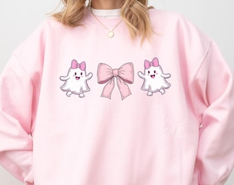 Pink Ghost Halloween Sweatshirt, Pink Bow, Spooky Season, Cute Halloween Sweatshirt, Ghost Hoodie, Cute Ghost Hoodie