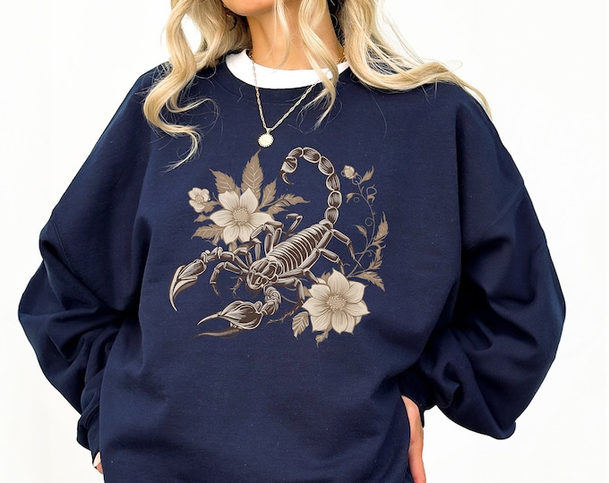 Scorpion Sweatshirt, Scorpion Hoodie, Animal Sweatshirt, Scorpio Sign Gift, Gift for Her, Flower Sweatshirt