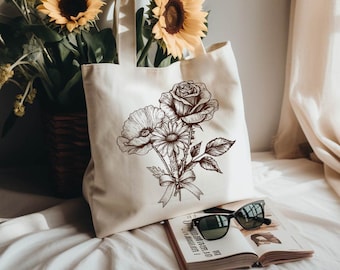 Custom Birth Month Flower Bouquet Tote Bag, Custom Flower Tote Bag, Personalized Gift, Canvas Tote Bag, Bridesmaids Gifts