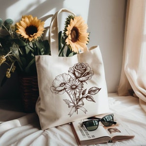 Sac fourre-tout personnalisé bouquet de fleurs mois de naissance, sac fourre-tout fleurs personnalisé, cadeau personnalisé, sac fourre-tout en toile, cadeaux de demoiselles d'honneur