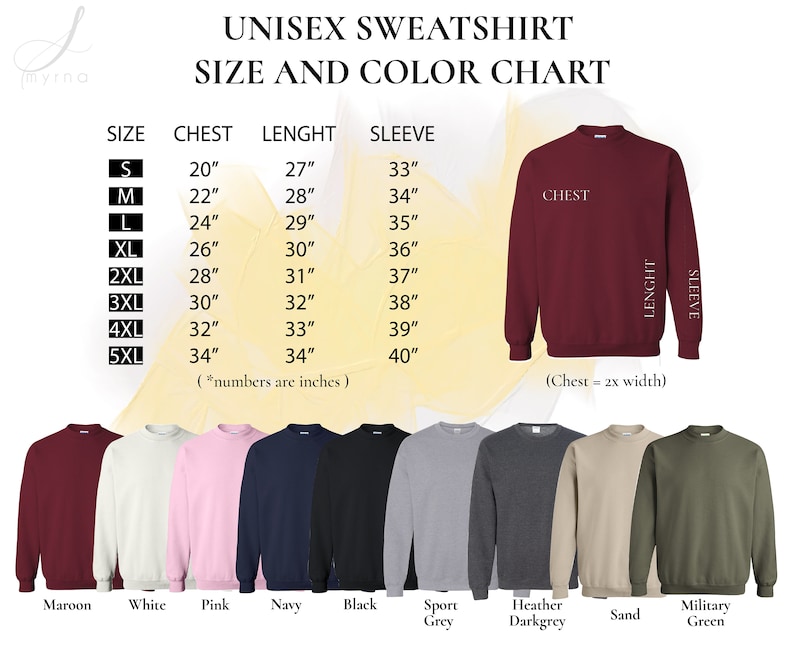 Op de afbeelding: Unisex sweatshirt maat- en kleurenkaart met metingen in inches. De kaart toont maten van S tot 5XL met bijbehorende borst-, lengte- en mouwlengtemetingen. De kaart bevat ook een visuele weergave van de sweatshirt in bordeauxrood, wit, roze, marineblauw, zwart, sportgrijs, donkergrijs, zand en legergroen.