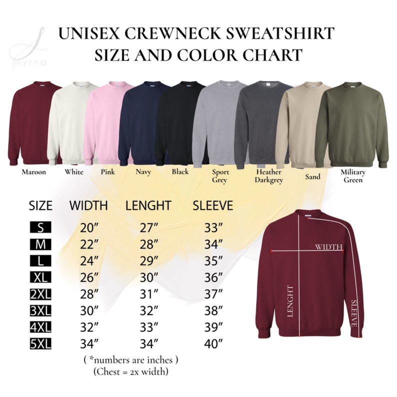 May include: Unisex crewneck sweatshirt size and color chart with measurements in inches. The chart shows the width, length, and sleeve length for sizes S through 5XL. The colors available are maroon, white, pink, navy, black, sport grey, heather dark grey, sand, and military green.