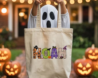 Custom Trick or Treat Bag, Personalized Halloween Canvas Tote Bags with Kids Names, Cute Candy Sack for Kids