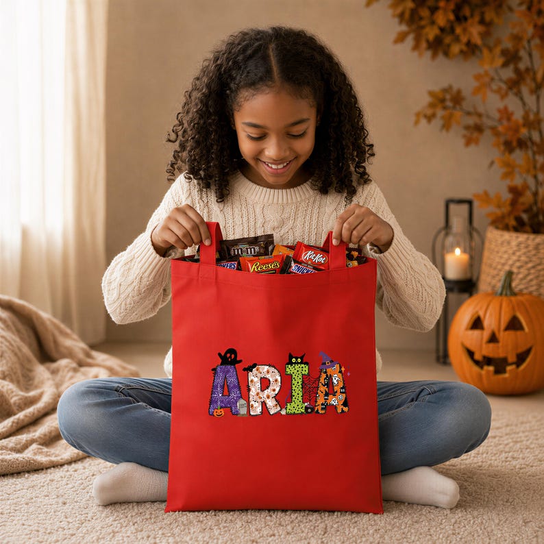 A young girl sits on the floor, holding a red bag with the word "ARIA" on it, smiling as she looks inside the bag.