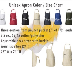 May include: Unisex apron colour and size chart. Aprons in white, red, black, natural, navy, royal blue, and forest green. Features include a three-section front pocket, adjustable neck strap, and waist ties. Apron dimensions are 56 cm W x 61 cm H.