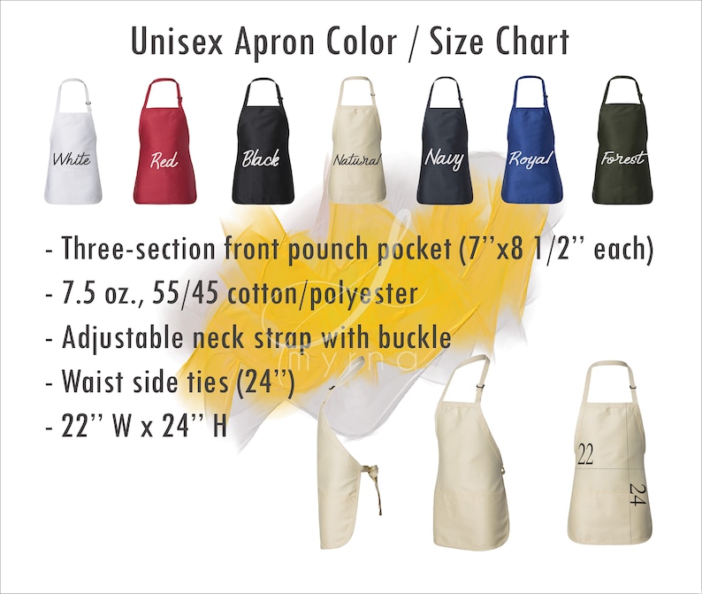 May include: Unisex apron colour and size chart. Aprons in white, red, black, natural, navy, royal blue, and forest green. Features include a three-section front pocket, adjustable neck strap, and waist ties. Apron dimensions are 56 cm W x 61 cm H.