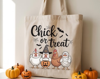 Trick or Treat Bag, Chick or Treat Halloween Chicken Tote Bag, Halloween Bags for Kids, Halloween Kids Candy Bag, Halloween Gifts for Kids