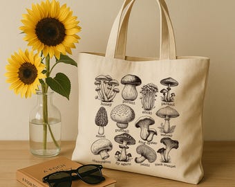 Vintage Mushroom Tote Bag, Nature Lover Totes, Mushroom Collector, Gardener Canvas Bag, Cottage Core Aesthetic, Gift for Mushroom Lover