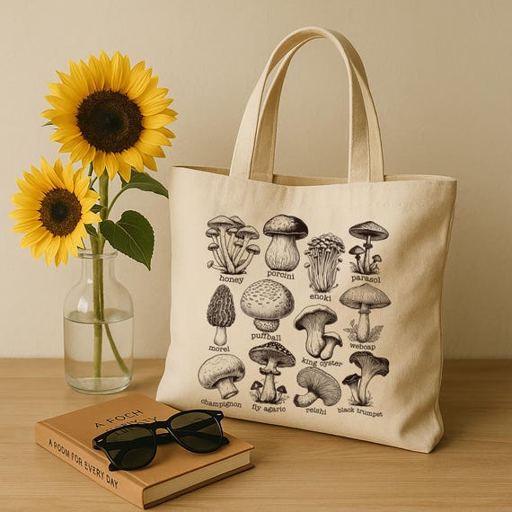 Vintage Mushroom Tote Bag, Nature Lover Totes, Mushroom Collector, Gardener Canvas Bag, Cottage Core Aesthetic, Gift for Mushroom Lover