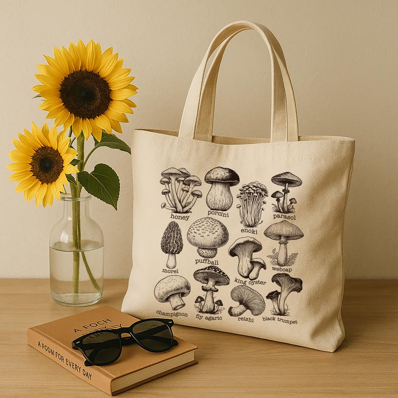 May include: A beige canvas tote bag with black and white illustrations of different types of mushrooms. The mushrooms are labeled with their names, including honey, porcini, morel, enoki, parasol, puffball, king oyster, webcap, champignon, fly agaric, reishi, and black trumpet.