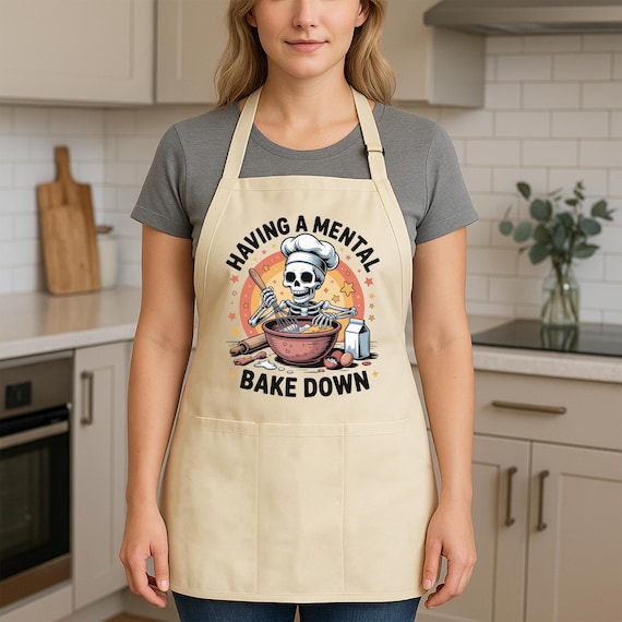 Having a Mental Bake Down Apron, Cooking Apron, Skeleton Chef Apron, Funny Skeleton Apron, Halloween Baking Apron, Kitchen Apron