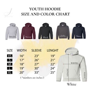 May include: Youth hoodie size chart with measurements in inches. The chart shows different colors of hoodies, including sport grey, maroon, black, heather dark grey, and navy. The chart also shows a white hoodie with measurements labeled for width, sleeve, and length.