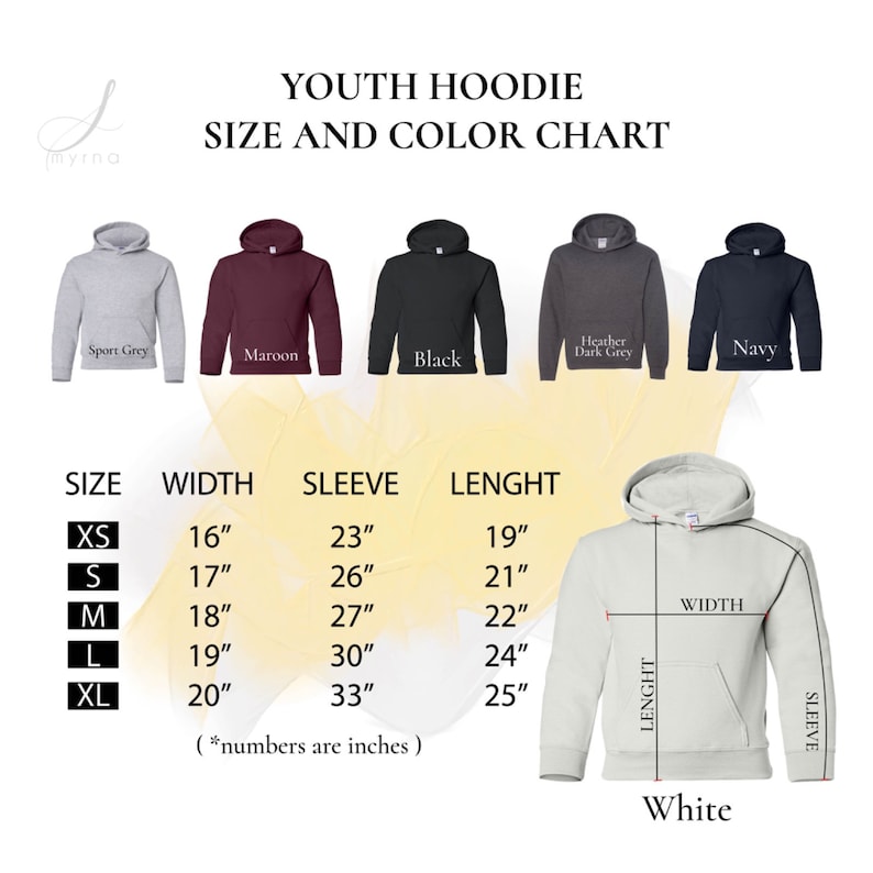 May include: Youth hoodie size chart with measurements in inches. The chart shows different colors of hoodies, including sport grey, maroon, black, heather dark grey, and navy. The chart also shows a white hoodie with measurements labeled for width, sleeve, and length.