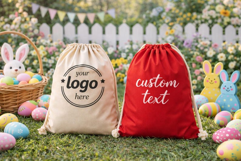 Two bags, one beige and one red, are placed on the grass in front of a white picket fence with Easter decorations.