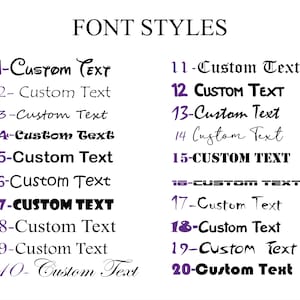 various font styles, including custom text, with numbers ranging from 1 to 20. The font styles are presented in both black and purple text, and they are organized in a table format.
