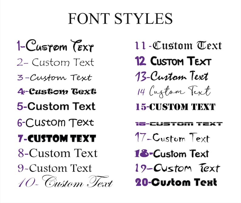 various font styles, including custom text, with numbers ranging from 1 to 20. The font styles are presented in both black and purple text, and they are organized in a table format.