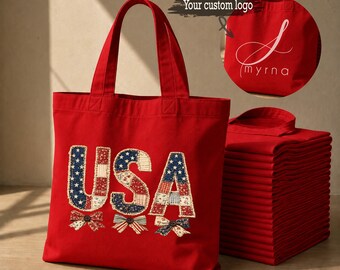 Bolsas de tela a granel conmemorativas del 250 aniversario de Estados Unidos, con diseño y logotipo personalizados: Doble cara (EE. UU. / Diseño personalizado), Eventos, Escuelas, Empresas