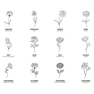 May include: Black and white line drawings of twelve different flowers, each representing a month of the year. Each flower is labeled with its month and common name, including Carnation, Iris, Daffodil, and Daisy.