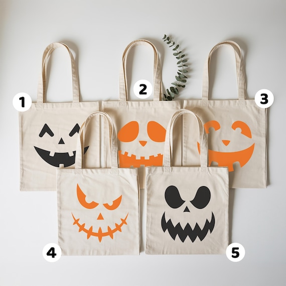 Custom Pumpkin Face Halloween Trick or Treat Bag: Canvas Tote Bag for Spooky Season, Halloween Party Crew Gifts, Candy Sack