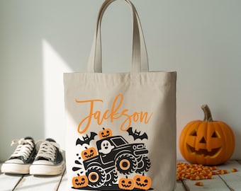 Custom Halloween Kids Canvas Tote Bag, Truck Graphics, Trick or Treat Bag, Personalized Tote, Halloween Gifts for Child, Halloween Costume