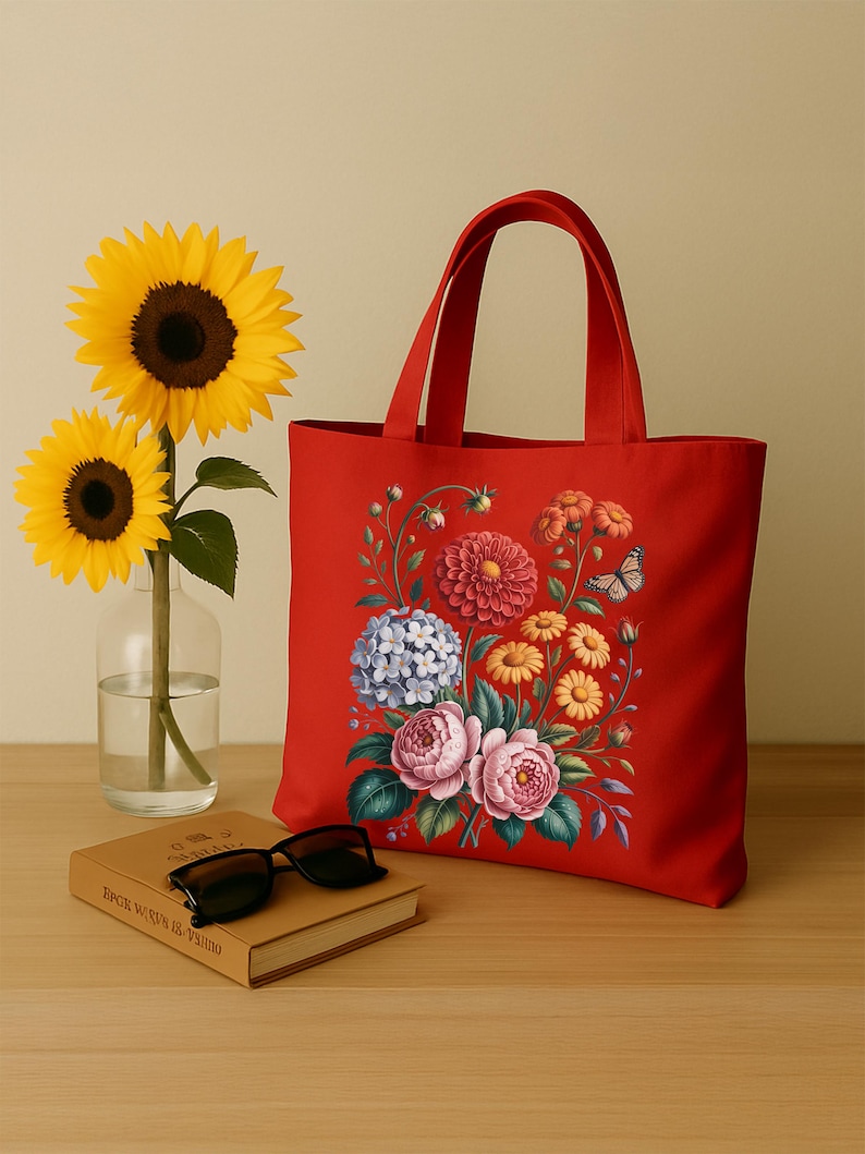 May include: A red tote bag with a floral design featuring pink, blue, and yellow flowers, and a butterfly. Two sunflowers in a glass vase and a book with sunglasses rest on a wooden surface.