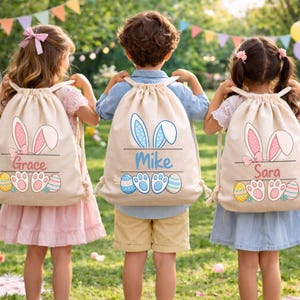Personalized Easter Bunny Backpack with Custom Name: Drawstring Gift Bag for Kids, Grandkids