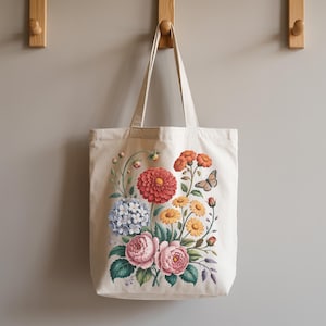 Boho Flowers Tote Bag, Flowers Canvas Bag, Aesthetic Bag, Floral Tote Bag, Vintage Tote Bag, Gift for Mom, Gift for Her, Unique Gift image 1