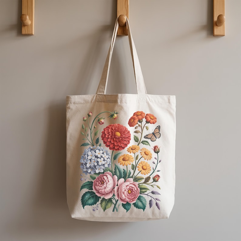 Boho Flowers Tote Bag, Flowers Canvas Bag, Aesthetic Bag, Floral Tote Bag, Vintage Tote Bag, Gift for Mom, Gift for Her, Unique Gift image 1