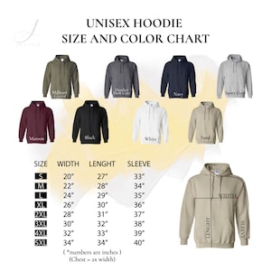 Puede incluir: Tabla de tallas y colores para sudadera unisex con una variedad de colores, incluyendo granate, negro, blanco, arena, verde militar, gris oscuro jaspeado, azul marino y gris deportivo. La tabla muestra el ancho, la longitud y la longitud de la manga en pulgadas para las tallas S a 5XL.