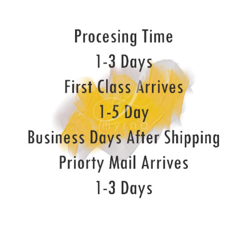 Op de afbeelding: Een gele en witte afbeelding met tekst die luidt "Verwerkingstijd 1-3 dagen", "First Class arriveert 1-5 dagen na verzending" en "Priority Mail arriveert 1-3 dagen".