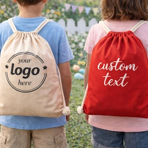 Two children wearing backpacks with custom text printed on them, standing in a garden with Easter decorations in the background.