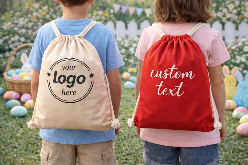 Two children wearing backpacks with custom text printed on them, standing in a garden with Easter decorations in the background.