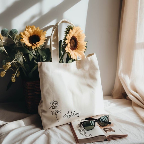 Custom Birthday Flowers Tote Bag, Personalized Tote Bag, Custom Name Gift Bag, Canvas Tote Bag, Handmade Gift
