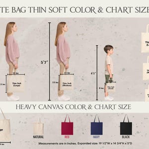 The image is a chart comparing the sizes of tote bags in different colors and chart sizes. It features a woman and a child standing next to the tote bags, illustrating the differences in size. The chart provides measurements for each tote bag size, including the weight and dimensions. The chart also includes a comparison of the colors of the tote bags, with each color represented by a different tote bag size.