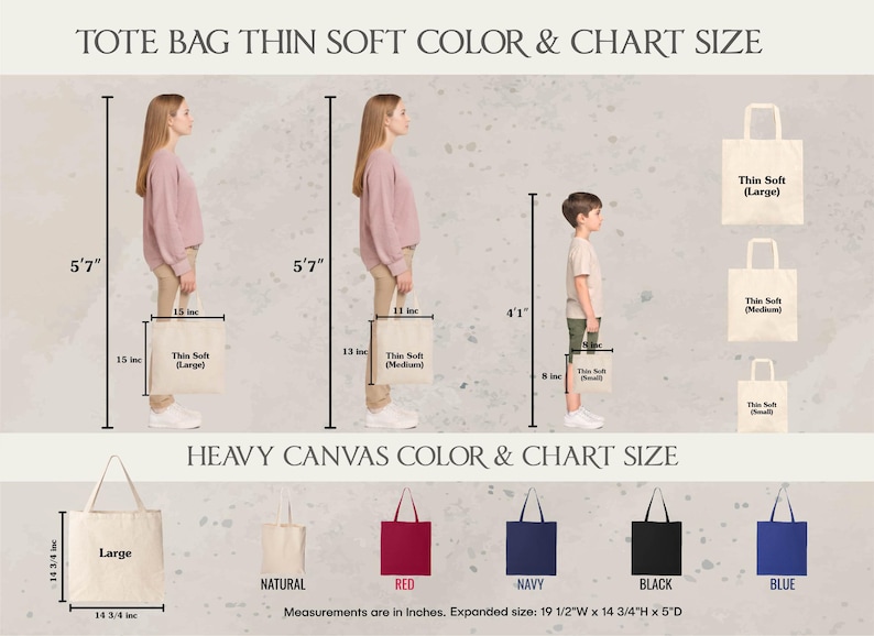 The image is a chart comparing the sizes of tote bags in different colors and chart sizes. It features a woman and a child standing next to the tote bags, illustrating the differences in size. The chart provides measurements for each tote bag size, including the weight and dimensions. The chart also includes a comparison of the colors of the tote bags, with each color represented by a different tote bag size.