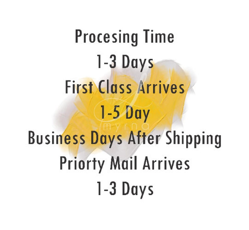 May include: A yellow and white graphic with text that reads "Processing Time 1-3 Days", "First Class Arrives 1-5 Day Business Days After Shipping", and "Priority Mail Arrives 1-3 Days".