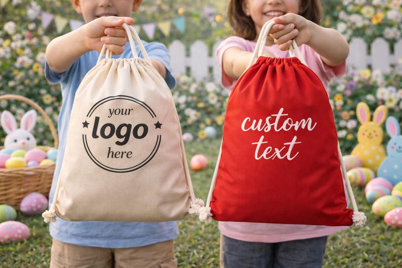 Two children holding bags with custom text printed on them, standing in front of a garden with Easter decorations.