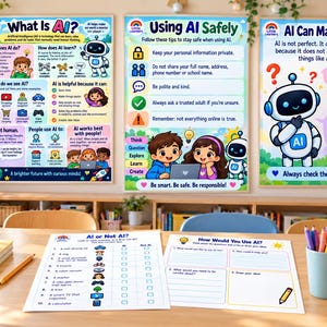 May include: Three educational posters titled What Is AI, Using AI Safely, and AI Can Make Mistakes, featuring cartoon robots and children. Two worksheets titled Al or Not AI and How Would You Use AI are placed on a wooden desk with pencil holders.