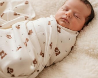 Organic Cotton Muslin Baby Blanket, Teddy Bear Print, Swaddle Wrap