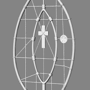 May include: A white, oval-shaped wall hanging with a cross design. The frame is made of light-colored wood, with a woven grid of white rope. A white cross is centered within an inner oval, and a smaller cross is on the right.