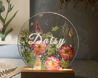 Lampe photo personnalisée avec fleurs séchées - Cadeau veilleuse avec prénom personnalisé - Cadeau pour petit ami/petite amie - Cadeau prénom pour couple