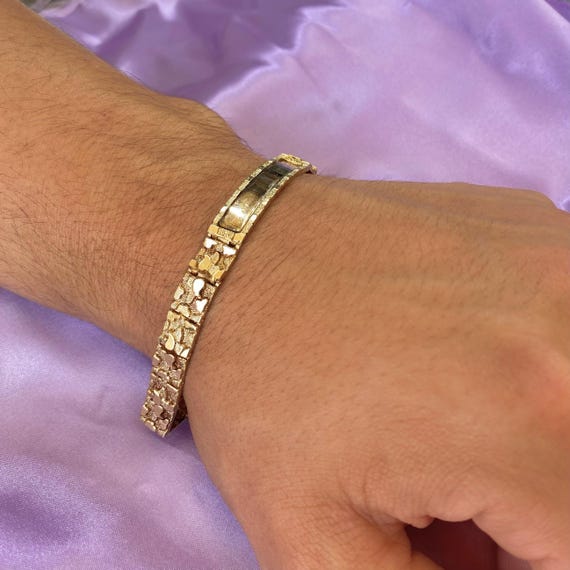 Gold Nugget ID Bracelet, 14K Yellow Gold Mens Bracelet, Mens Gold Nugget Bracelet