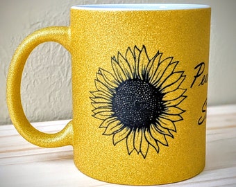 Peace Love Sunshine Sunflower Yellow Glitter Mug