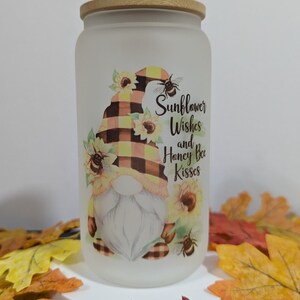 Sunflower Gnome Glass Jar Tumbler - Iced Coffee, Tea, and Mixed Drinks (Frosted)